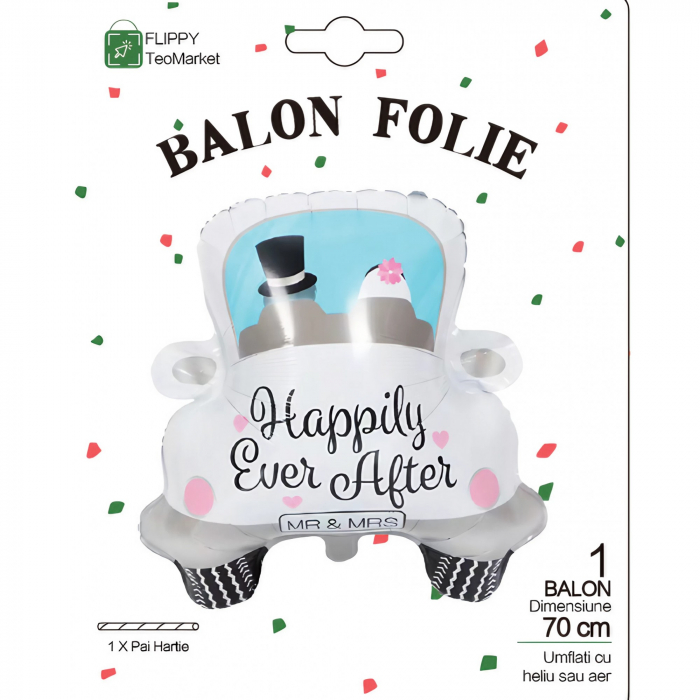 Balon din Folie Metalizata, Flippy, Figurina Masina, Model Nunta Happily Ever After, Tema Nunta, 60 x 63 cm, Ambalaj Individual, Pai Inclus, Umflare cu Aer sau Heliu, Alb [9]