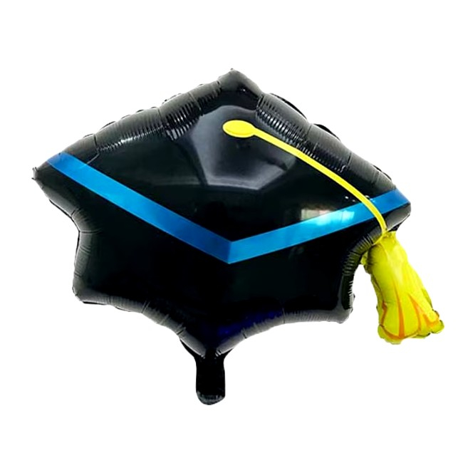 Balon din Folie Metalizata, Flippy, Figurina, Model Toca Congrats Grad, Tematica Absolvire, 56x70 cm, Ambalaj Individual, Pai Inclus, Umflare cu Aer sau Heliu, Negru-Albastru [1]