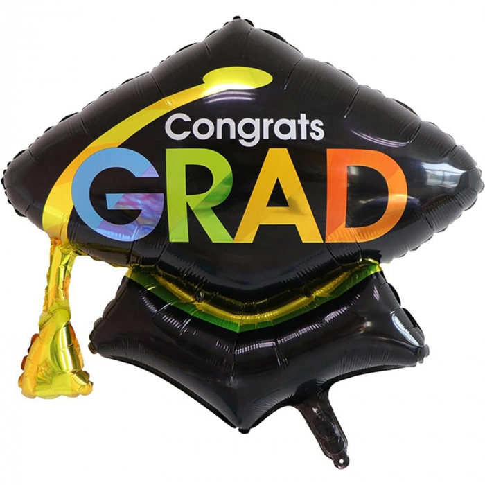 Balon din Folie Metalizata, Flippy, Figurina, Model Toca Congrats Grad, Tematica Absolvire,  66x66 cm, Ambalaj Individual, Pai Inclus, Umflare cu Aer sau Heliu, Negru [1]