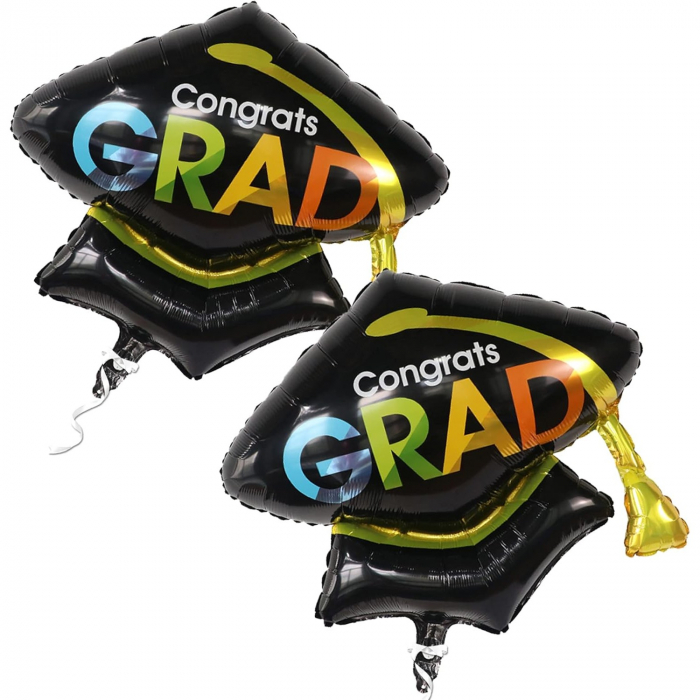 Balon din Folie Metalizata, Flippy, Figurina, Model Toca Congrats Grad, Tematica Absolvire,  66x66 cm, Ambalaj Individual, Pai Inclus, Umflare cu Aer sau Heliu, Negru [10]