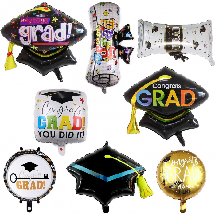 Balon din Folie Metalizata, Flippy, Figurina, Model Toca Congrats Grad, Tematica Absolvire,  66x66 cm, Ambalaj Individual, Pai Inclus, Umflare cu Aer sau Heliu, Negru [9]