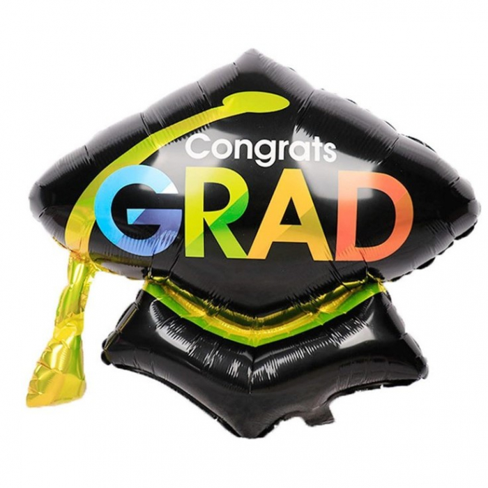 Balon din Folie Metalizata, Flippy, Figurina, Model Toca Congrats Grad, Tematica Absolvire,  66x66 cm, Ambalaj Individual, Pai Inclus, Umflare cu Aer sau Heliu, Negru [7]