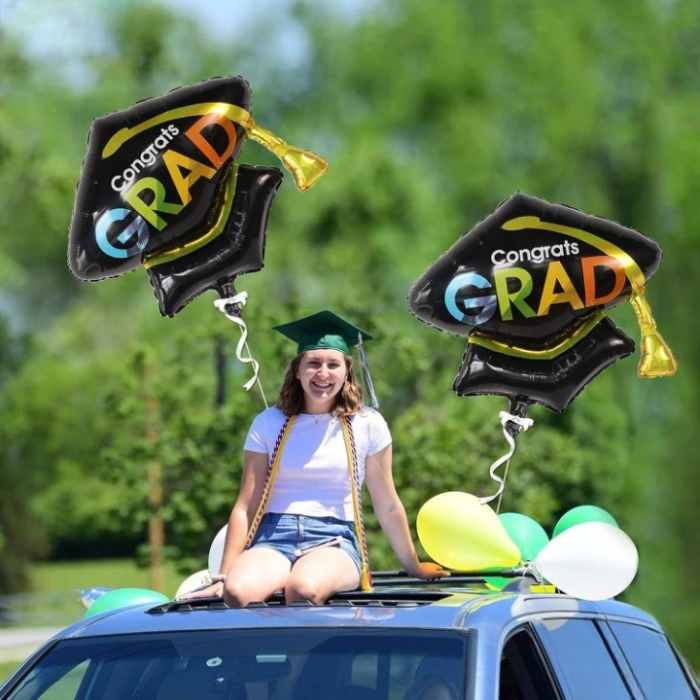 Balon din Folie Metalizata, Flippy, Figurina, Model Toca Congrats Grad, Tematica Absolvire,  66x66 cm, Ambalaj Individual, Pai Inclus, Umflare cu Aer sau Heliu, Negru [2]