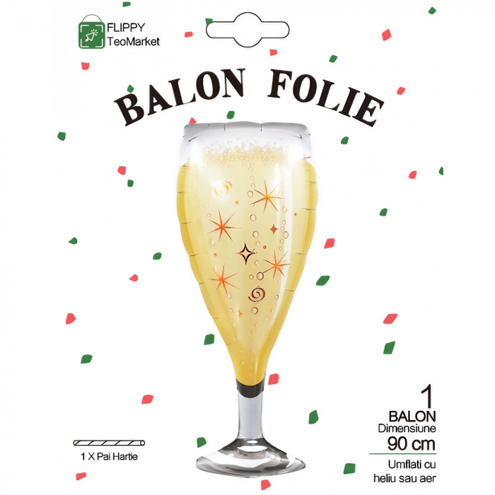 Balon din Folie Metalizata, Flippy, Figurina Pahar de Sampanie, Tema Aniversare, 100x40 cm, Ambalaj Individual, Pai Inclus, Umflare cu Aer sau Heliu, Auriu [6]
