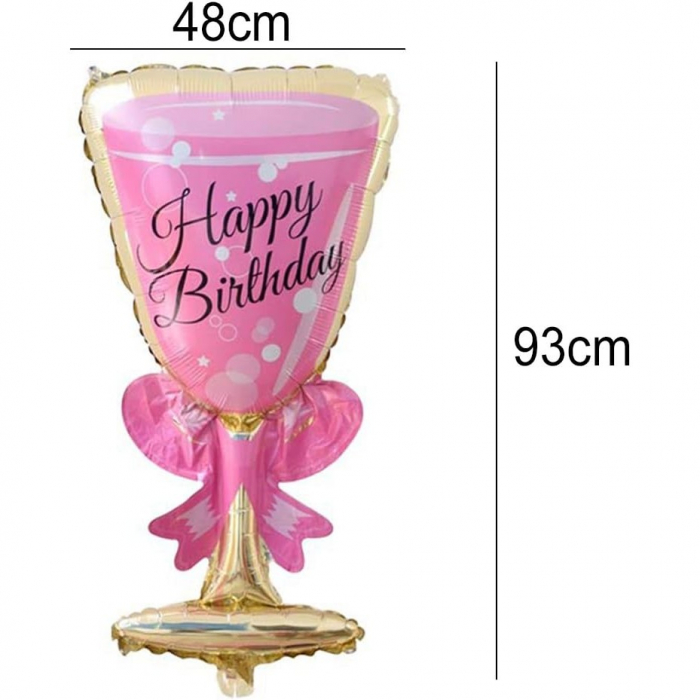 Balon din Folie Metalizata, Flippy, Figurina Pahar de Vin, Tema Aniversare, 93x48 cm, Ambalaj Individual, Pai Inclus, Umflare cu Aer sau Heliu, Roz [3]