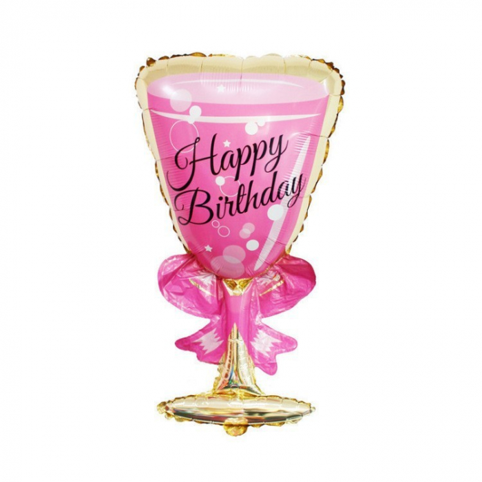 Balon din Folie Metalizata, Flippy, Figurina Pahar de Vin, Tema Aniversare, 93x48 cm, Ambalaj Individual, Pai Inclus, Umflare cu Aer sau Heliu, Roz [1]