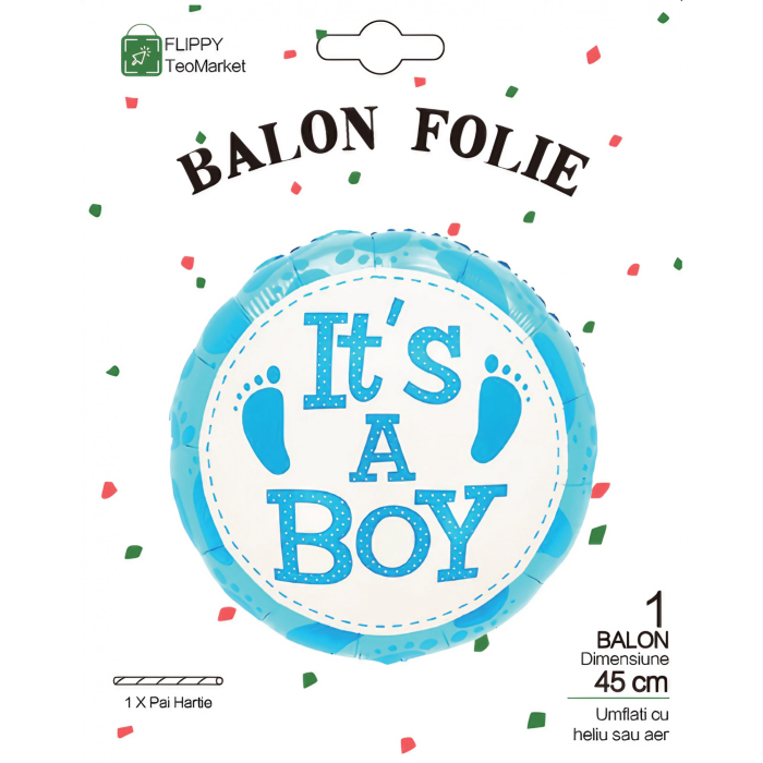 Balon din Folie Metalizata, Flippy, Figurina Rotunda, Model It's a Boy, Tema Gender Reveal, 45 cm, Ambalaj Individual, Pai Inclus, Umflare cu Aer sau [4]