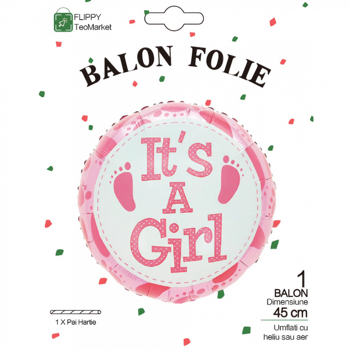 Balon din Folie Metalizata, Flippy, Figurina Rotunda, Model It&#039;s a Girl, Tema Gender Reveal, 45 cm, Ambalaj Individual, Pai Inclus, Umflare cu Aer sau Heliu, Roz [4]