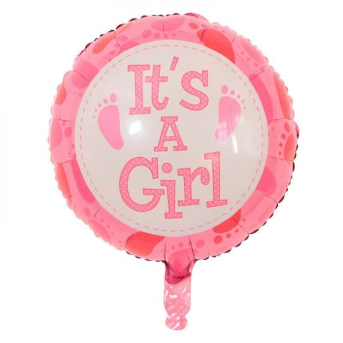 Balon din Folie Metalizata, Flippy, Figurina Rotunda, Model It&#039;s a Girl, Tema Gender Reveal, 45 cm, Ambalaj Individual, Pai Inclus, Umflare cu Aer sau Heliu, Roz [1]
