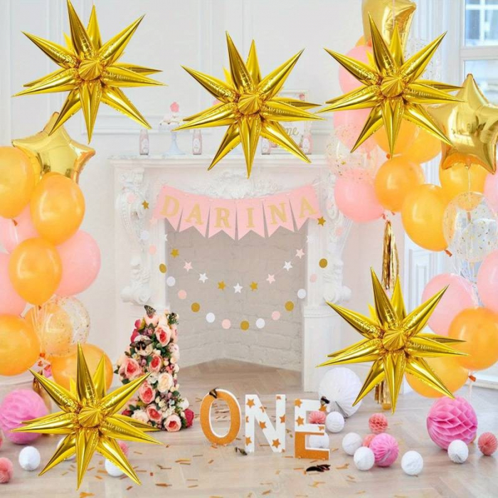 Balon din Folie Metalizata, Flippy, Figurina Stea 3D, 66 cm, Ambalaj Individual, Pai inclus, Umflare cu Aer sau Heliu, Auriu [5]