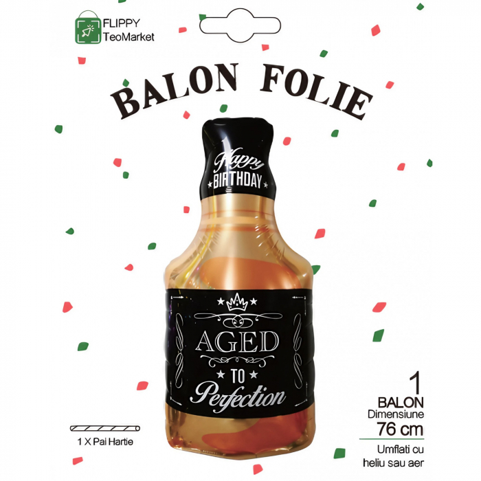 Balon din Folie Metalizata, Flippy, Figurina Sticla de Whisky, Tema Aniversare, 90x45 cm, Ambalaj Individual, Pai Inclus, Umflare cu Aer sau Heliu, Maro [6]
