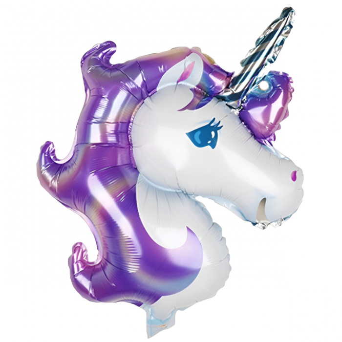 Balon din Folie Metalizata, Flippy, Figurina Unicorn, Tema Animalute, 115 cm, Ambalaj Individual, Pai Inclus, Umflare cu Aer sau Heliu, Mov [1]