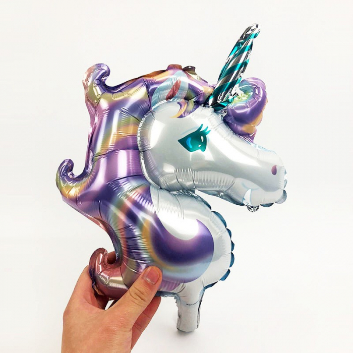 Balon din Folie Metalizata, Flippy, Figurina Unicorn, Tema Animalute, 115 cm, Ambalaj Individual, Pai Inclus, Umflare cu Aer sau Heliu, Mov [2]