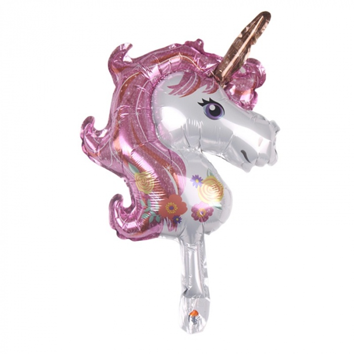Balon din Folie Metalizata, Flippy, Figurina Unicorn, Tema Animalute, 30 cm, Ambalaj Individual, Pai Inclus, Umflare cu Aer sau Heliu, Roz [1]