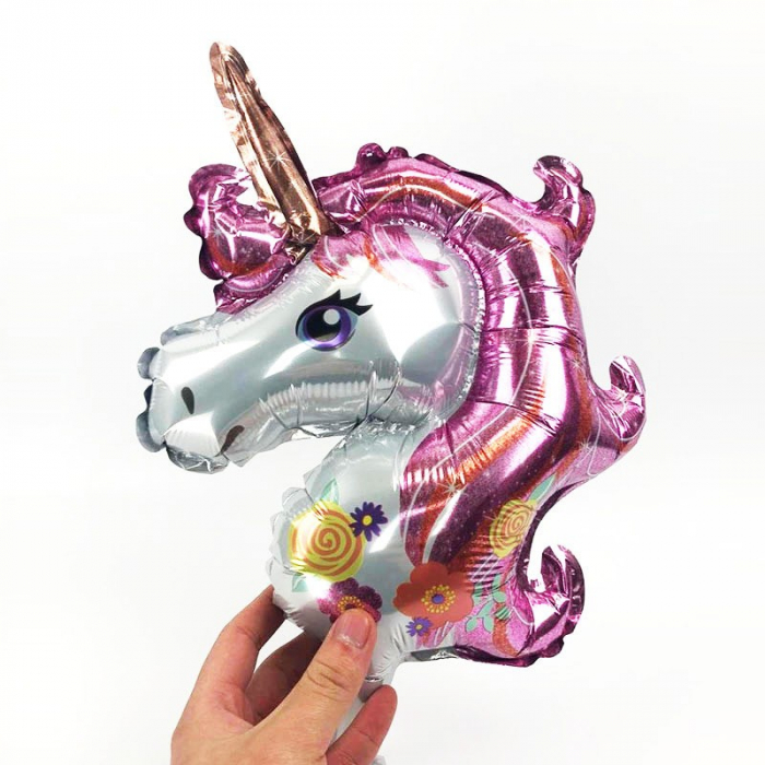 Balon din Folie Metalizata, Flippy, Figurina Unicorn, Tema Animalute, 30 cm, Ambalaj Individual, Pai Inclus, Umflare cu Aer sau Heliu, Roz [2]