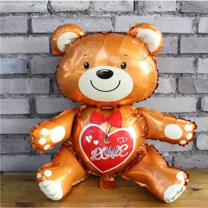 Balon din Folie Metalizata, Flippy, Figurina Urs, Model Love, Tema Ziua Indragostitilor, 60x63cm, Ambalaj Individual, Pai Inclus, Umflare cu Aer sau Heliu, Maro [2]