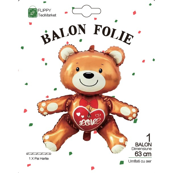 Balon din Folie Metalizata, Flippy, Figurina Urs, Model Love, Tema Ziua Indragostitilor, 60x63cm, Ambalaj Individual, Pai Inclus, Umflare cu Aer sau Heliu, Maro [8]
