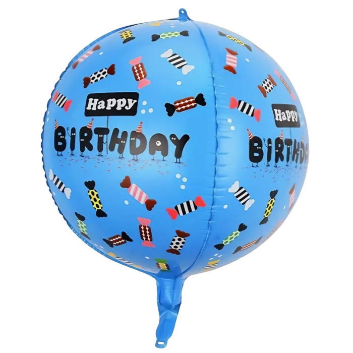 Balon din Folie Metalizata, Flippy, Figurine 4D, Model Happy Birthday, Tematica Aniversara Bombonele, 63x24 cm, Ambalaj Individual, Pai Inclus, Umflare cu Aer sau Heliu, Albastru [3]