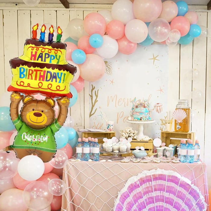 Balon din Folie Metalizata, Flippy, Figurine Animalute, Model Ursulet cu Tort Aniversar, 124x65 cm, Ambalaj Individual, Pai Inclus, Umflare cu Aer sau Heliu, Multicolor [4]