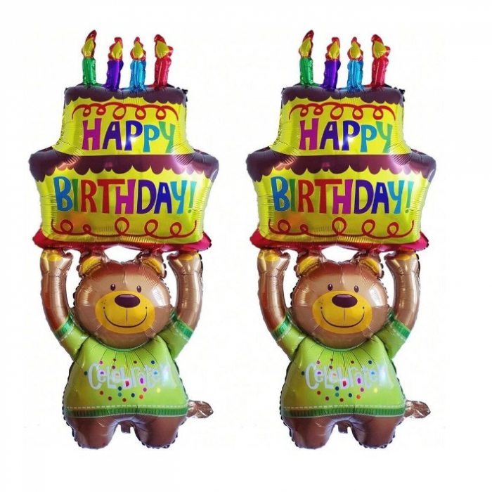 Balon din Folie Metalizata, Flippy, Figurine Animalute, Model Ursulet cu Tort Aniversar, 124x65 cm, Ambalaj Individual, Pai Inclus, Umflare cu Aer sau Heliu, Multicolor [7]