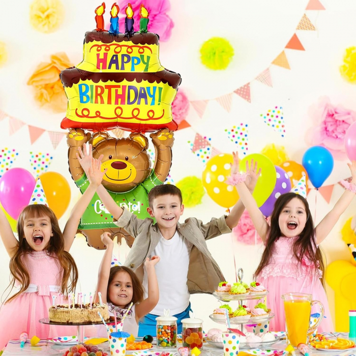 Balon din Folie Metalizata, Flippy, Figurine Animalute, Model Ursulet cu Tort Aniversar, 124x65 cm, Ambalaj Individual, Pai Inclus, Umflare cu Aer sau Heliu, Multicolor [3]