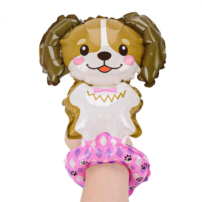 Balon din Folie Metalizata, Flippy, Figurine Animalute, Tip Bratara, Model Catel, 13 x 35 cm, Ambalaj Individual, Pai Inclus, Umflare cu Aer sau Heliu, Maro [1]