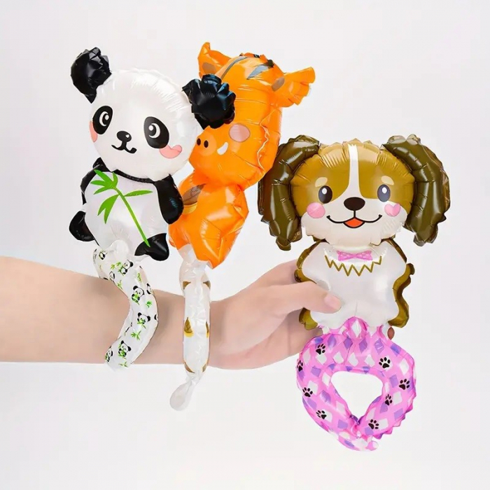 Balon din Folie Metalizata, Flippy, Figurine Animalute, Tip Bratara, Model Girafa, 13 x 35 cm, Ambalaj Individual, Pai Inclus, Umflare cu Aer sau Heliu, Maro [2]