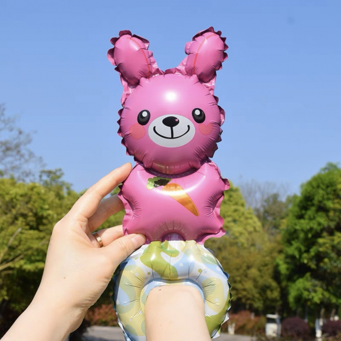 Balon din Folie Metalizata, Flippy, Figurine Animalute, Tip Bratara, Model Iepuras, Ambalaj Individual, Pai Inclus, Umflare cu Aer sau Heliu, Roz [1]