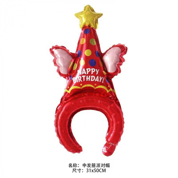 Balon din Folie Metalizata, Flippy, Figurine Animalute, Tip Coronita, Model Palarie de Petrecere, Ambalaj Individual, Pai Inclus, Umflare cu Aer sau Heliu, Rosu [1]