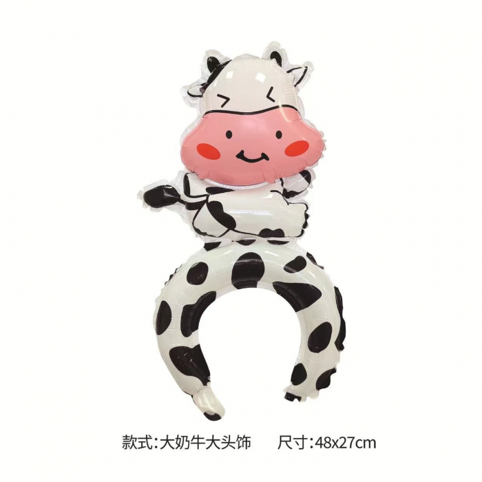 Balon din Folie Metalizata, Flippy, Figurine Animalute, Tip Coronita, Model Vacuta, Ambalaj Individual, Pai Inclus, Umflare cu Aer sau Heliu, Alb-Negru [1]