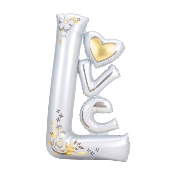 Balon din Folie Metalizata, Flippy, Figurine, Model LOVE, Tematica Iubire, 110x64 cm, Ambalaj Individual, Pai Inclus, Umflare cu Aer sau Heliu, Alb [1]