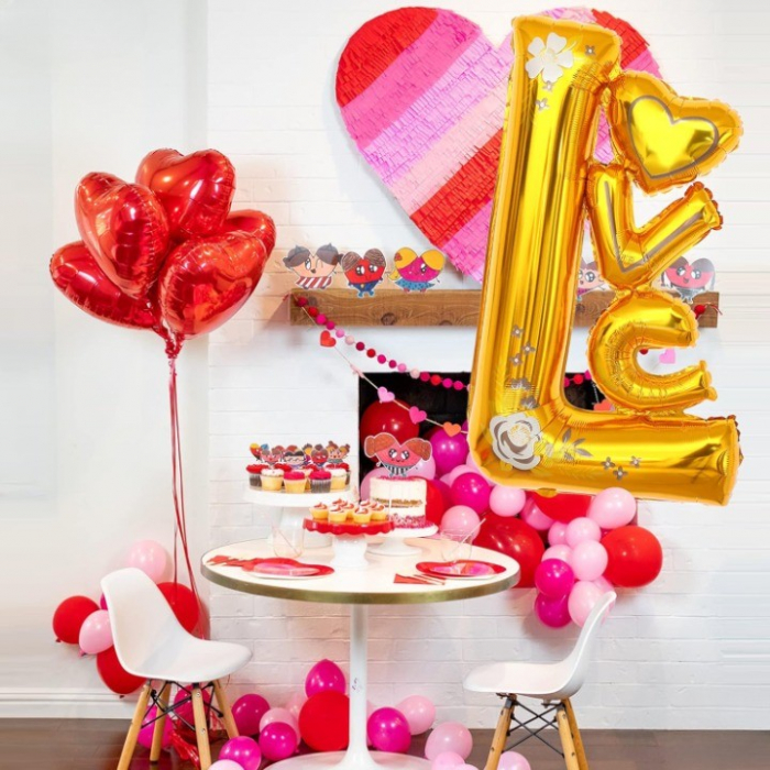 Balon din Folie Metalizata, Flippy, Figurine, Model LOVE, Tematica Iubire, 110x64 cm, Ambalaj Individual, Pai Inclus, Umflare cu Aer sau Heliu, Galben [5]
