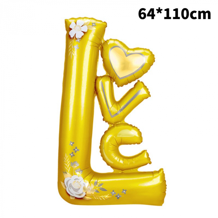 Balon din Folie Metalizata, Flippy, Figurine, Model LOVE, Tematica Iubire, 110x64 cm, Ambalaj Individual, Pai Inclus, Umflare cu Aer sau Heliu, Galben [2]