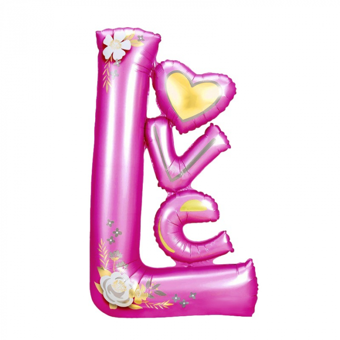Balon din Folie Metalizata, Flippy, Figurine, Model LOVE, Tematica Iubire, 110x64 cm, Ambalaj Individual, Pai Inclus, Umflare cu Aer sau Heliu, Mov [1]