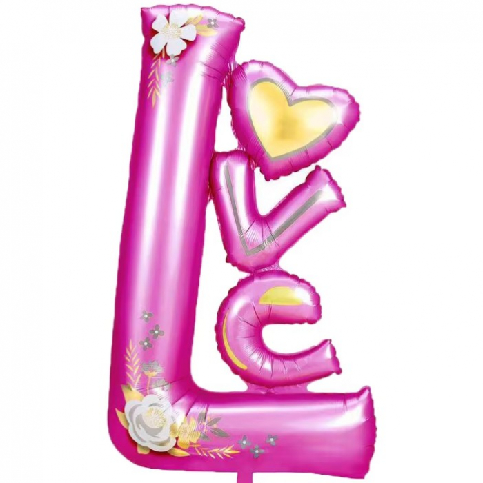 Balon din Folie Metalizata, Flippy, Figurine, Model LOVE, Tematica Iubire, 110x64 cm, Ambalaj Individual, Pai Inclus, Umflare cu Aer sau Heliu, Mov [5]