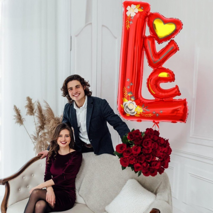 Balon din Folie Metalizata, Flippy, Figurine, Model LOVE, Tematica Iubire, 110x64 cm, Ambalaj Individual, Pai Inclus, Umflare cu Aer sau Heliu, Rosu [7]