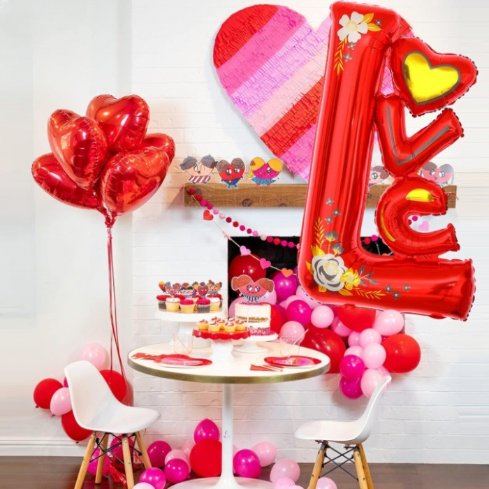 Balon din Folie Metalizata, Flippy, Figurine, Model LOVE, Tematica Iubire, 110x64 cm, Ambalaj Individual, Pai Inclus, Umflare cu Aer sau Heliu, Rosu [6]