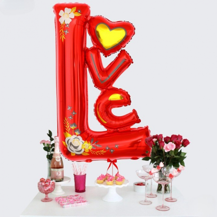 Balon din Folie Metalizata, Flippy, Figurine, Model LOVE, Tematica Iubire, 110x64 cm, Ambalaj Individual, Pai Inclus, Umflare cu Aer sau Heliu, Rosu [2]