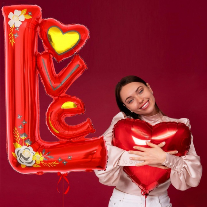 Balon din Folie Metalizata, Flippy, Figurine, Model LOVE, Tematica Iubire, 110x64 cm, Ambalaj Individual, Pai Inclus, Umflare cu Aer sau Heliu, Rosu [3]