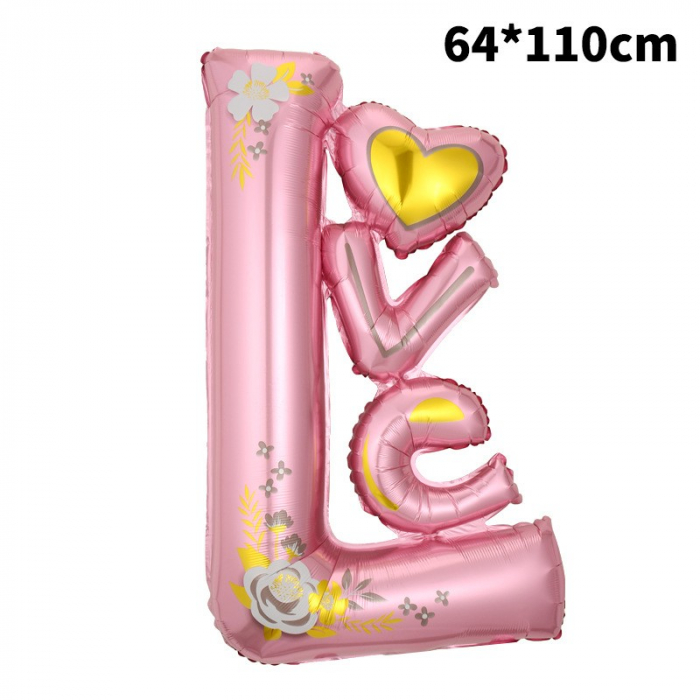 Balon din Folie Metalizata, Flippy, Figurine, Model LOVE, Tematica Iubire, 110x64 cm, Ambalaj Individual, Pai Inclus, Umflare cu Aer sau Heliu, Roz [2]