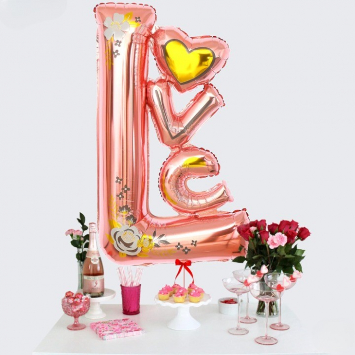 Balon din Folie Metalizata, Flippy, Figurine, Model LOVE, Tematica Iubire, 110x64 cm, Ambalaj Individual, Pai Inclus, Umflare cu Aer sau Heliu, Roz [3]
