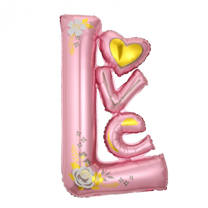 Balon din Folie Metalizata, Flippy, Figurine, Model LOVE, Tematica Iubire, 110x64 cm, Ambalaj Individual, Pai Inclus, Umflare cu Aer sau Heliu, Roz [1]