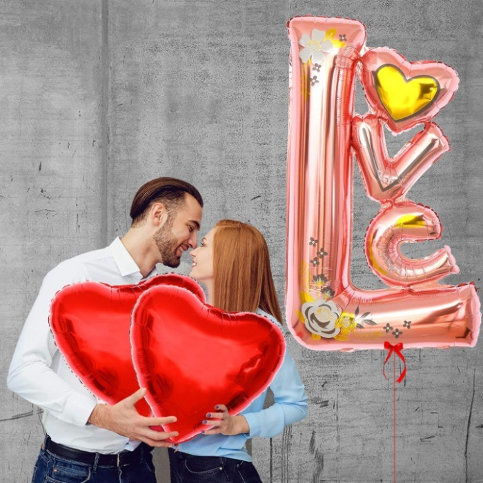 Balon din Folie Metalizata, Flippy, Figurine, Model LOVE, Tematica Iubire, 110x64 cm, Ambalaj Individual, Pai Inclus, Umflare cu Aer sau Heliu, Roz [8]