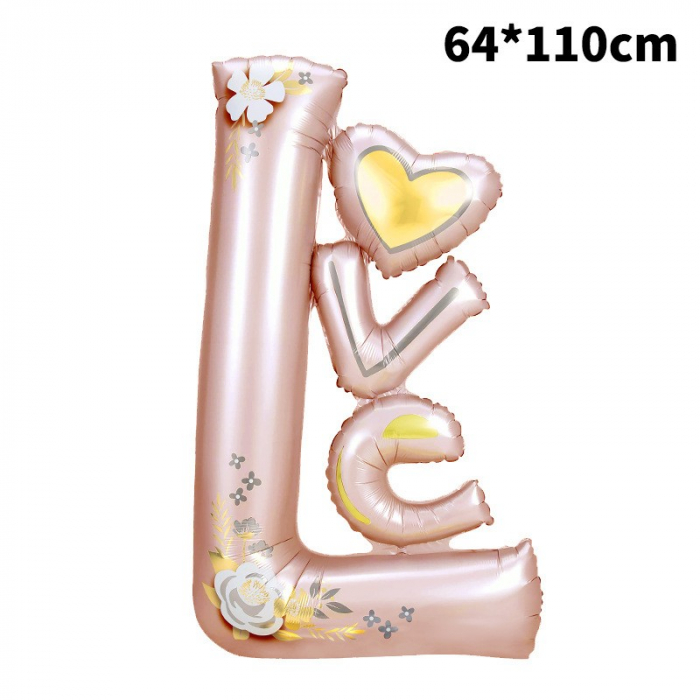 Balon din Folie Metalizata, Flippy, Figurine, Model LOVE, Tematica Iubire, 110x64 cm, Ambalaj Individual, Pai Inclus, Umflare cu Aer sau Heliu, Roz Deschis [2]
