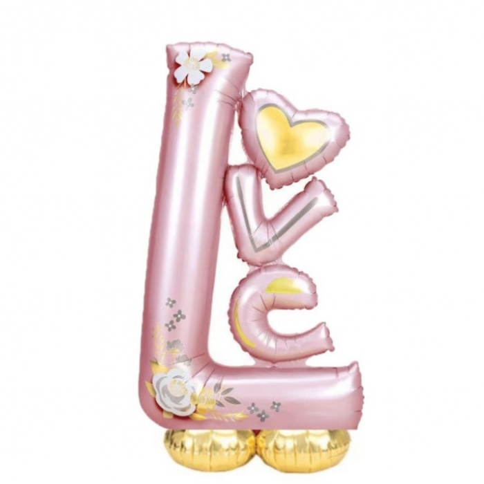 Balon din Folie Metalizata, Flippy, Figurine, Model LOVE, Tematica Iubire, 110x64 cm, Ambalaj Individual, Pai Inclus, Umflare cu Aer sau Heliu, Roz Deschis [5]