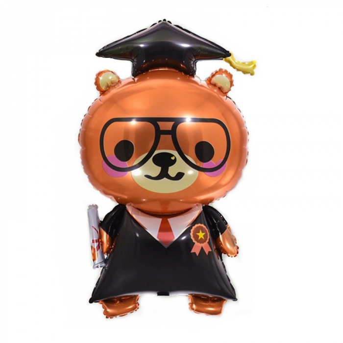 Balon din Folie Metalizata, Flippy, Figurine, Model Ursulet Absolvent, 70 cm, Ambalaj Individual, Pai Inclus, Umflare cu Aer sau Heliu, Maro Negru [1]