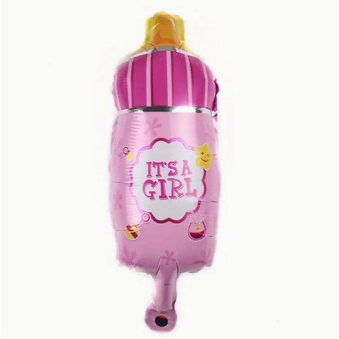 Balon din Folie Metalizata, Flippy, Mini Figurina Biberon, Model It's a Girl, Tematica Gender Reveal, 44x20 cm, Ambalaj Individual, Pai Inclus, Umflare cu Aer sau Heliu, Roz [4]