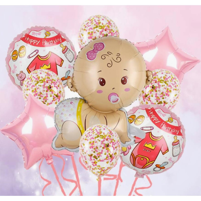 Balon din Folie Metalizata, Flippy, Mini Figurina, Model Bebelus Fetita, Tematica Gender Reveal, 45x25 cm, Ambalaj Individual, Pai Inclus, Umflare cu Aer sau Heliu, Multicolor [5]