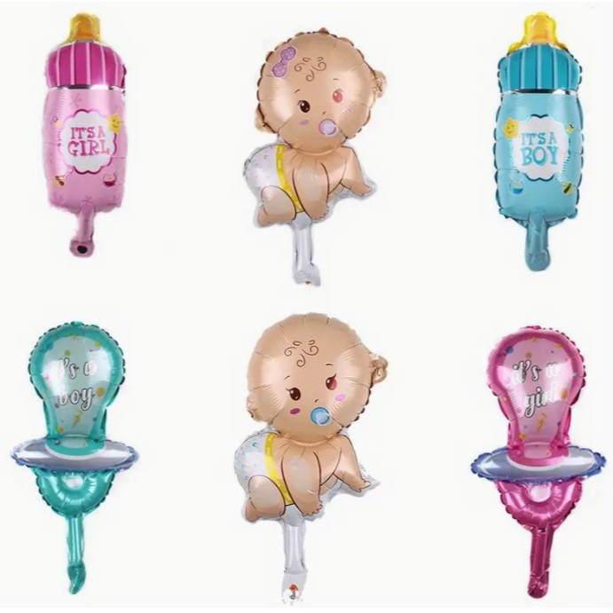 Balon din Folie Metalizata, Flippy, Mini Figurina, Model Suzeta, Tematica Gender Reveal, 23x50 cm, Ambalaj Individual, Pai Inclus, Umflare cu Aer sau Heliu, Albastru [3]