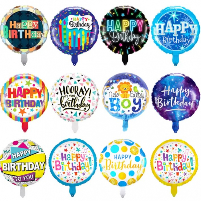 Balon din Folie Metalizata, Flippy, Mini Figurina Rotunda, Model Cer Instelat, Happy Birthday, Tematica Aniversare, 45 cm, Ambalaj Individual, Pai Inclus, Umflare cu Aer sau Heliu, Multicolor [3]